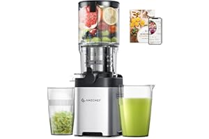 ‎AMZCHEF AMZCHEF Entsafter - Slow Juicer mit 135MM Breite und Größere Fütterungsröhre für Ganze Gemüse und Obst - Leicht zu Reinigender Entsafter mit 2 Gläsern - Silber