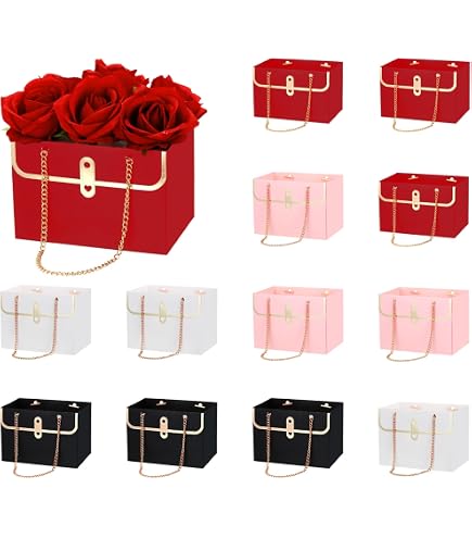 15 Sacchetti Regalo Portafiori In Cartone Con Maniglie A Catena Metallica - Scatole Per Bouquet Per Matrimoni, San Valentino (Bianco, Rosa, Nero)
