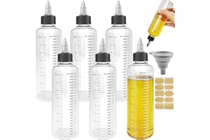 Realure 6 Pcs Bottiglia Squeeze di Plastica Riutilizzabili, 250ml 8oz Biberon Cucina con Scala e Tappo a Torsione, Flacone Dosatore Olio da Cucina Trasparente Bottiglia per Olio, Condimenti, Salsa