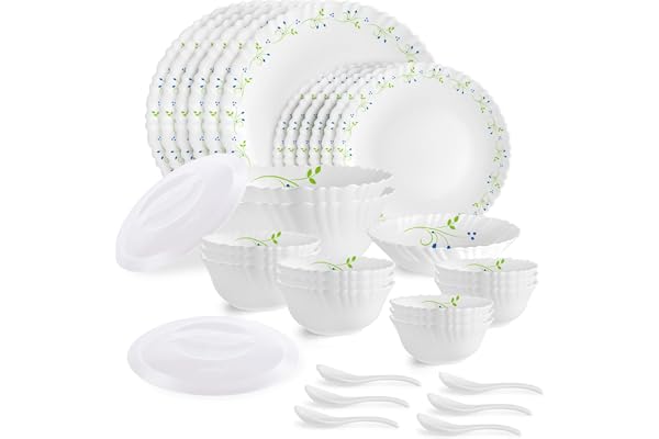 Cello Opalware Dazzle Series Tropical Lagoon Dinner Set, 35 Pcs Serving for 6 Bone Ash-Free Lightweight, Elegant White Plates & Bowls Set Opal Glass Crockery Set for Daily Use Dinning & Gifting
