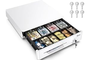 Tera Cajón Portamonedas Caja Registradora:33,5×33×10,4 cm 4 Compartimentos Billetes 6 Monedas 1 Compartimento Medios con Bandeja Extraíble RJ12 Llaves para POS Tienda Empresa Modelo 330R Blanco
