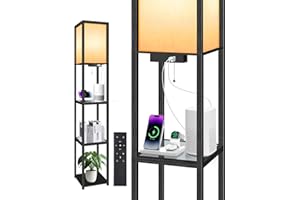 OUTON Lampada da Terra con Ripiani in Vetro, Telecomando, Dimmerabile & 4 Temperature di Colore, Porte USB & Type-C, Lampada da Terra LED Moderna in Legno per Soggiorno, Camera, Ufficio (Nero Opaco)