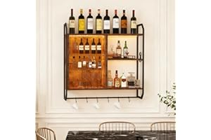 ‎YOURLITE YOURLITE Weinregal Wand, Bar Regal Wand mit LED-Licht, Schwebende Regale, Wandregal mit Verstellbarer Glasablage, mit 6 S-förmigen Haken, Wein Kaffee Bar Regal, für Spielzimmer, Wohnzimmer, Küche