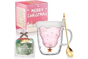 BIGNOSEDEER Albero di Natale Tazza di Caffè in Vetro Doppia Parete - Isolata Con Cucchiaio - Calza Perfetta per Latte, Cappuccino - Regalo di Compleanno per Donne, Amici