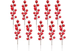 HONGCI 10pcs Christmas Holly Berries Artificial Berries Red Berry for Christmas Wreath Making Supplies,Picks Winter Berry Branches Red Berries on Stems for Xmas Tree,DIY Craft,Christmas Party Decorations