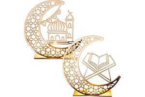 FORMIZON 2 Stück Ramadan Eid Mubarak Dekoration, Ramadan Mubarak Dekorationen Muslim LED Crescent Ornament, Eid Mond Stern Holztisch Ornament Mit LED-Kerzenverzierung Hauptdekor-DIY-Geschenk