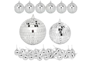 DJBOOMY 32 Pack Mini Disco Balls Decorations Different Sizes Mirror Ball with Hanging String Small Disco Ball Ornament for Disco Theme Party Cake Topper DJ Club Christmas Wedding Home Decor (Silver)