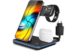 ORSHINAL 3 in 1 Ladestation Apple Watch und iPhone, Apple Ladestation iPhone mit Atemanzeige Kompatibel, Kabellose Ladegerät mit iPhone, AirPods, iWatch, Samsung, Huawei mit QC Adapter