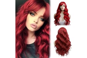 LETCDFER Perrücke Frauen Rot,Perücke Rot Lang Frauen,Gewellte Perücken Für Frauen,Weinrot Lange Wasser-Gewellte Perücke,Rot Lang Haare Natürliches Kunsthaar, Erücke Weinrot Perücke Damen (Rot)