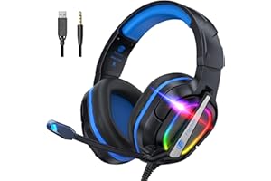 Fachixy FC200 Foldable Gaming Headset with ENC Mic, Gamer Headset for PS4, PS5, PC, Xbox, Switch, 3.5mm Wired Over-Ear Headphones with LED Lights - Blue