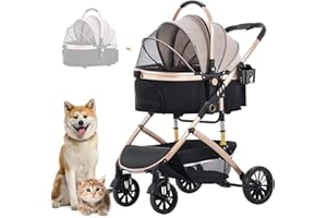 Nastarki Haustier Kinderwagen Faltbar, 2 in 1 Hundewagen mit Abnehmbarer Reisesitz Hundebuggy Hundebox Transporttasche Klappbar, Haustiere Buggy Geeignet für kleine Hunde unter 20 kg (Champagnerfarbe)