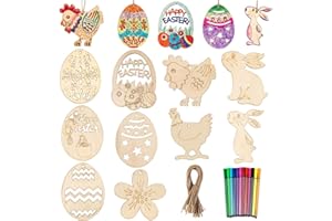 Gyvazla Pascua Artesanías de Madera, 50 PCS Sin Terminar Adornos de Pascua Huevo Conejo Colgante de Madera con 12 Marcadores de Color para los Niños de Pascua Fiesta Suministros DIY Decoración