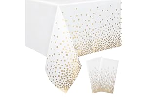 Qidordour 2 Pack Party Table Cloth, White Disposable Plastic Table Covers, Rectangle Tablecloth Wipe Clean for Parties, Birthday, Wedding, Outdoor, Christmas, Halloween 54" x 108", White and Gold Dot
