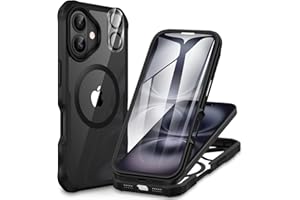 CENHUFO Magnética Funda iPhone 16, [Compatible con MagSafe] Integrado 9H HD Cristal Templado Protector Pantalla y Protector cámara, 360 Grados Antigolpes Carcasa Militar Capa Doble Cara Case -Negro