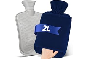 MUPAS Bolsa de Agua Caliente con Funda Polar - Botella de Agua Caliente Grande de 2L Anti Fuga - Bolsa de Agua Caliente Suave con Funda de Canguro y Caucho Natural (Azul Oscuro)