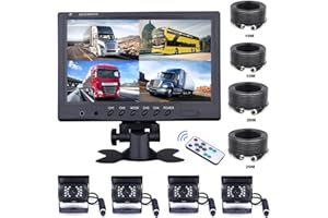 OiLiehu Caméra de recul pour Voiture, 4 x Caméra de recul pour Voiture Infrarouge étanche IP68, 4 Split Moniteur Front View HD 9 Pouces, avec câbles 10 m 20 m pour Camions Bus Tracteur agricole