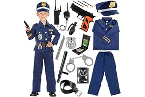 VICTERR Deguisement Policier Enfant, 14PCS Costume Policier Enfant Garcon, avec Chemise, Pantalon, Chapeau, Ceinture, Menotte, Brassard Police Insigne, Talkie-Walkie, Pistolets Jouets Pour Halloween Carnaval