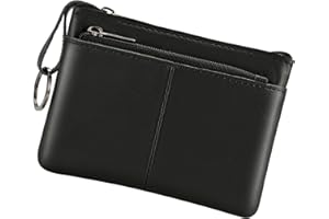 BIDPONDS Genuine Leather Coin Purse Pouch Triple Zipper Card Holder Wallet with Key Ring,Black