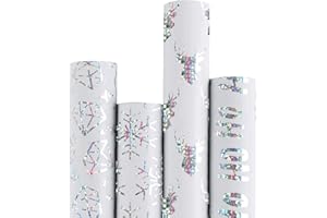 RUSPEPA Rollo de Papel de Regalo Navideño - Papel Blanco con Patrón Plateado Brillante Perfecto para Navidad - 4 Rollos - 76cm X 305cm Por Rollo