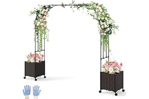 COSTWAY Garden Arch with Planter Box, 2M Metal Pergola Arbor Trellis with Self-Watering System & Lockable Wheels, Rose Vines Climbing Plant Support Archway for Lawn Backyard Wedding (288 x 40 x 200cm)