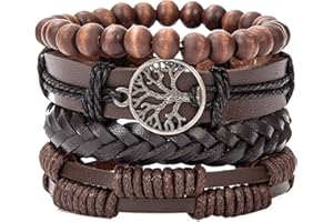 HAORQEE Men's Bracelets Leather Bracelet, Tree of Life Beads Mens Leather Wristbands Bracelets, Multi-layer Vintage Braided Rope Adjustable Viking Wrist Bracelets Set Gifts for Men(Brown)