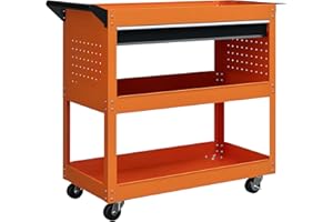 DURHAND Carrello Porta Attrezzi con Manico e Scheda Laterale, Cassetto e 3 Ripiani, Carrello Officina Porta Utensili con 4 Ruote(2 con Freno) in Lamiera di Acciaio per Garage, 82x35x76 cm, Arancione