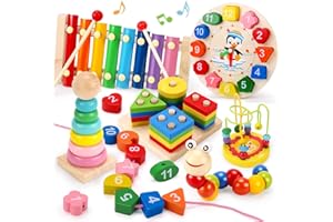 REMOKING 6 Pcs Baby Wooden Toys,Montessori Toys for 1 2 3 Year Old Girls Boys, Educational Toys for Shape Sorting Stacking & Nesting Block & Xylophone,Toddler Game Birthday Gifts for 3+ Year Olds