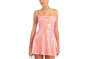 Yoisdtxc Women's Glitter Sequin Mini Dress Sparkly Backless Spaghetti Strap A Line Dress for Cocktail Beach Streetwear