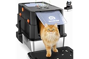 HAPAW Stainless Steel Cat Litter Tray with Lid, Anti-Leakage Enclosed Cat Litter Box, Flip-Top Extra Large Metal Litter Tray with Scoop & Pedal, Non-Sticky, Odor Free, Front & Top Dual Entry (Black)