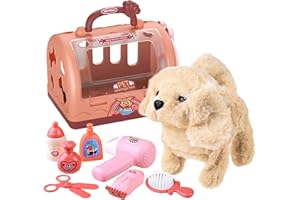 Sobebear Kids 12 Pcs Pet Carrier With Stuffed Dog Toy,Pet Care Cage Play Set with Accessories,Plush Animal Dog Toy,Gourmet Kit Toys for Toddlers 3+Year Old Battery Not Include