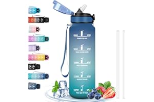 GRSTA Borraccia 1 Litro, Borraccia Palestra Senza Perdite, Borraccia con Cannuccia, Facile da Trasportare, Borraccia Trekking con Slogan Motivazionale, Borraccia per Sport, Trekking, Campeggio, Blu-verde