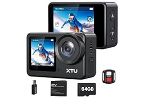 XTU S6 Camara Deportiva 4K30FPS, Camara Acuatica SuperSmooth 4.0 EIS Estabilizador, Soporte Gyroflow, Doble Pantalla con Tarjeta 64GB SD, Mando a Distancia, Admite Control por Voz