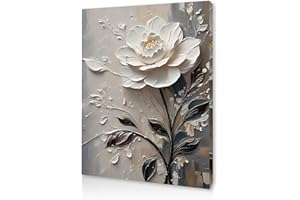 Qiukoo Wall Art Framed Canvas – 3D White Floral Textured Painting for Bedroom Decor, Elegant Canvas Wall Art for Living Room, Hallway, or Office with Pre-Mounted Frame and Hanging Hooks, 12" x 16"