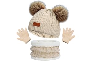 BEIFON Cappello a Maglia Bambini Invernale Sciarpa Guanti Berretto in Maglia con Pompom Ragazzi Berretto Sciarpa Beanie Cappello Scaldacollo per Ragazzo e Ragazza（3-8 Anni）