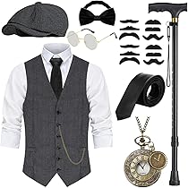Jaren 20-kostuum voor heren, strepen, vest met accessoires, opvouwbare kruk, zakhorloge, baard, fedora-glazen, stropdas, voor maffia-kostuum, 1920S