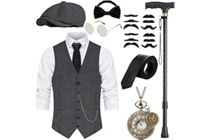 WILDPARTY 20er Jahre Kostüm Herren Weste mit Accessories, Faltbare Krücke Taschenuhr Bart Fedora Gläser, Krawatte, Fliege, für Mafia Kostüm 1920S Gangster Peaky Blinders Karneval Halloween Mottoparty