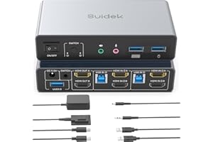 SUIDEK HDMI KVM Switch 2 Monitore 2 Computer, Dual Monitor KVM USB Switcher 4K@60Hz, HDMI Extended/Mirror Display für 2 PC Share 2 Monitore, mit 3 USB 3.0 Port, Desktop Controller und 2 USB Kabeln