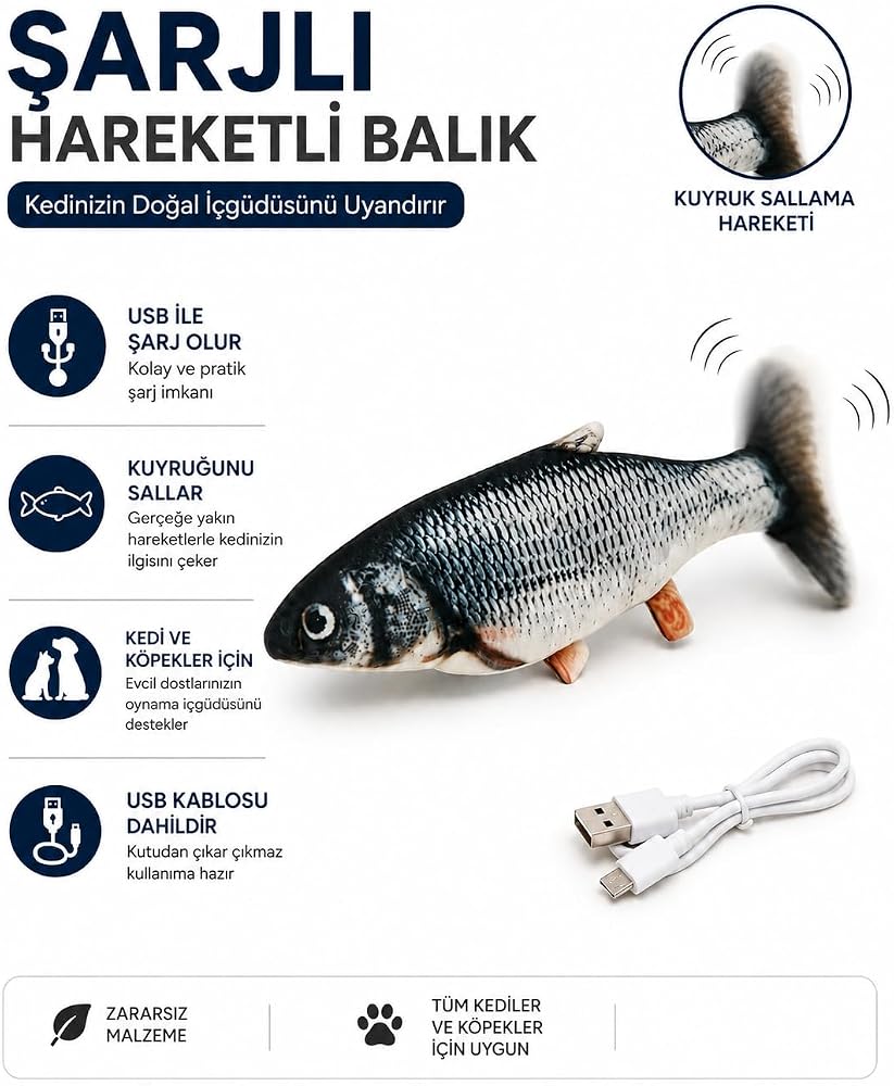 getmeev Catnipli USB Şarjlı Kuyruk Sallayan Hareketli Balık Kedi Oyuncağı, İnteraktif Peluş Kedi Oyuncağı, Kedilerin Takip Etme, Yakalama ve Avlanma İçgüdüsünü Destekleyen Eğlenceli Oyun Arkadaşı