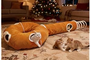 Ownpets Foldable Cat Tunnel with Spring Tail, 245cm Cat Tunnel with Bed, 3-Section Pet Play Tube with 4 Setups for Cats Rabbits Ferrets, Brown