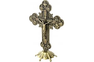 Gugxiom Jesus Korsstaty, bronsfärgad krucifix med robust bas, stående Jesus Kristus kors, metallbordsdekoration, för katolsk