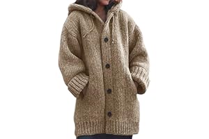 L9WEI Veste d'hiver épaisse en tricot pour femme - Veste chaude décontractée avec capuche - Manteau d'hiver de longueur moyenne - Couleur unie - Manteau de mi-saison