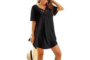Ekouaer Damen Strandkleid Spitze Strandtunika V Ausschnitt Kurz Sommer Strandponcho Bikini Cover Up S-XXL