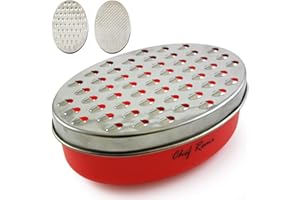 CHEF REMI Latest cheese grater with storage box. Rated as no. 1 food grater for hard and soft cheeses (e.g., Parmesan), vegetables, or for grating lemon zest. Ideal kitchen accessort.