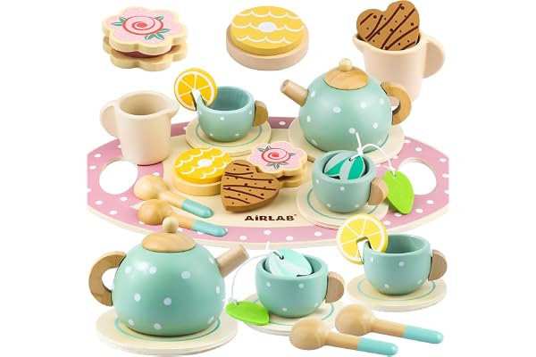 Airlab Services à Thé en Bois Bébé, Tea Party Jeux de Rôle, Jouet Éducatif Éveil Montessori, Dinettes Jouet Cuisine, Cadeau Créatif Anniversaire Pâques Halloween Noël Enfant Garçon Fille 3 4 5+ Ans