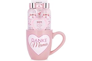 ‎BRUBAKER BRUBAKER Cosmetics - Danke Mama - 5-teiliges Bade- und Dusch Set mit Rosen Vanille Duft - Badeset Mutter Geschenkset in rosa Tasse mit Herz Dekor