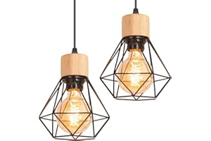 TOKIUS 2 Piezas Lámpara Colgante Vintage 16CM Retro Lámpara de Techo Diseño de Jaula Negro Luz Colgante en Hierro Madera E27 Iluminación de Interior para Pasillo Comedor Dormitorio (Colgante 1 Luz)