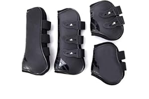 Merauno® Horse Gaiters Set of 4 Tendon Protectors Fetlock Horse Jumping Protection Front Rear Pair Robust Elastic PU Shell Neoprene Button Closure 2 Pairs for Men and Women (S(Pony), Black)