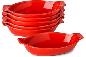 XINLTC Lot de 6 Plat À Four en Céramique, Ovale en Porcelaine avec Poignées pour la Cuisson, Plats à Gratin, Petit Individuel Plat de Four, le Service des Aliments, Rouge