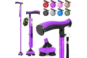 BeneCane Walking Cane for Men & Women Walking Stick for Seniors Folding Canes Quad Cane Adjustable Lightweight Sturdy Free Standing Collapsible Heavy Duty with Soft TPR T-Handle and Travel Bag