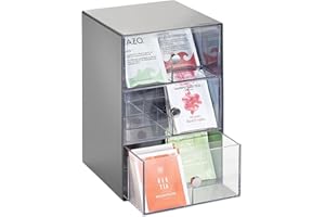 mDesign Küchen Organizer mit 3 Schubladen – Aufbewahrungsbox für Teebeutel, Kaffeepads, Süßungsmittel und mehr – Teekiste mit 18 Fächern aus Kunststoff – dunkelgrau und durchsichtig